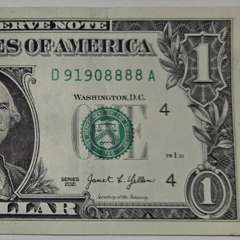 Trailing Quad Note 2021 One Dollar Bill D91908888A Quad 8s FRD Cleveland (B333)‎